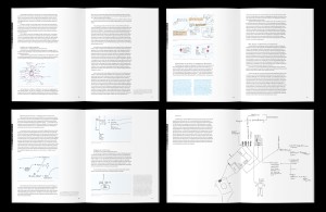 4 doppelinnenseiten, textseiten mit grafiken, fußnoten in der marginalspalte, cyanfarbige anmerkungen zweispaltig unter dem fließttext, letzte rechte seite große grafik über den bund gehend