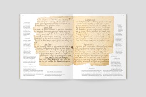 kochbuch doppelseite, in der mitte abbildung der original-kursmitschrift in kurrentschrift, rundherum transkription in lateinschrift