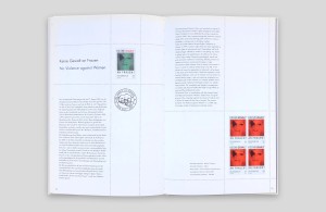 doppelinnenseite, auf beiden seiten je eine briefmarke inkl. stempel bzw. briefmarkenset, daten und hintergrundinformationen in deutsch und englisch in zwei verschiedenen schriften und farben