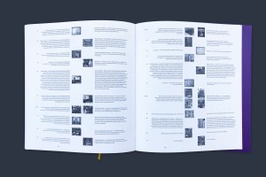 Doppelinnenseite – Auflistung aller Bilder in klein in der Mittelspalte + Bildlegenden auf englisch und italienisch rechts und links daneben