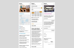 Depot Website Mobile-Ansichten: Vermietung, Archiv, Newsletter-Anmeldung