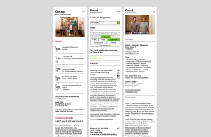 Depot Website Mobile-Ansichten: Startseite, Programm, »Über uns«