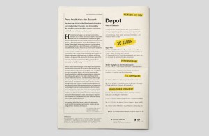 Rückseite der Jubiläumsausgabe mit einer Vorschau auf Veranstaltungen und einer Reflexion über das Depot als „Para-Institution der Zukunft“.
