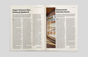 Doppelseite mit links einem Beitrag über das Depot im Museumsquartier als Ort des Widerstands gegen die schwarz-blaue Regierung ab 2000. Rechte Seite: Foto des Depots von innen und Beitrag über das Depot als zentraler Ort für Austausch, Aktivismus und Kulturpolitik. Schwarzer Text auf weißem Hintergrund