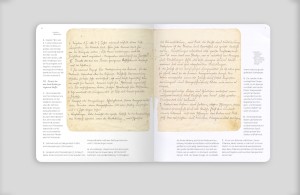 Innendoppelseite des Gartenbau- und Obstverwertungshefts, links und rechts Abbildung von Originalseiten in Kurrentschrift verfasst, umrahmt von der Transkription
