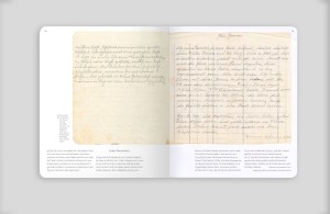 Innendoppelseite des Gartenbau- und Obstverwertungshefts, links und rechts Abbildung von Originalseiten in Kurrentschrift verfasst, umrahmt von der Transkription