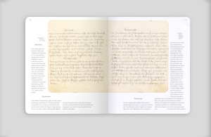 Innendoppelseite des Gartenbau- und Obstverwertungshefts, links und rechts Abbildung von Originalseiten in Kurrentschrift verfasst, umrahmt von der Transkription