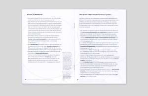 Broschüre »Mentoring am Institut für das künstlerische Lehramt (IKL)« Innenseiten links »Einsatz als Mentor*in«, rechts »Was für die Arbeit mit Mentor*innen spricht«