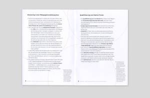 Broschüre »Mentoring am Institut für das künstlerische Lehramt (IKL)« Innenseiten links »Mentoring in der PädagogInnenbildung Neu«, rechts Qualifizierung von Mentor*innen
