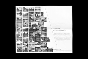 green-line Folder aufgefaltet Rückseite Auflistung der SW-Fotos mit Landschaftsaufnahmen von Zypern, Text „echoes of the unspeakable“