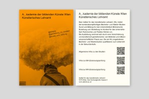 orangefarbener flyer mit künstlerischen wolkenarbeit von maria kaufmann, rückseite mit informationen zum studium