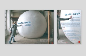 Plakat und Flyer für das aus einem Workshop mit Ute Neuber entstandene Projekt »textil:mobil« der Abteilung Textil – freie, angewandte und experimentelle künstlerische Praxis an der Universität für angewandte Kunst Wien.