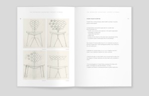 Innenseite des Katalogs „Bernard Rudofsky – The Cookie Chair Collection“, links vier S/W-Skizzen, rechts Auflistun „Cookie Chair Collection“