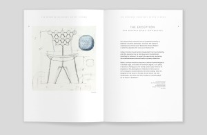 Innenseite des Katalogs „Bernard Rudofsky – The Cookie Chair Collection“, links Farbabbildung, rechts Text „The Exception“