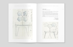 Innenseite des Katalogs „Bernard Rudofsky – The Cookie Chair Collection“, links große Farbabbildung, rechts Text „Cookie Chairs“, darunter kleine Farbabbildung