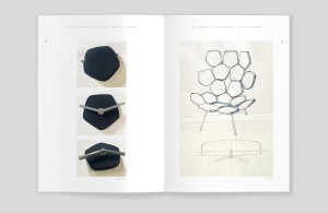 Innenseite des Katalogs „Bernard Rudofsky – The Cookie Chair Collection“, links drei Detail-Fotos untereinander, rechts große Farbabbildung