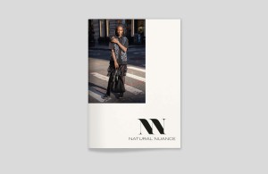 lookbook cover, katalogcover von natural nuance, links oben streetfoto POC-fraum mit tasche, unten rechts logo