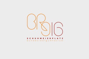 Logoentwurf für das BRG 16 aus gleich großen Kreisen aufgebaut in orange und rot, mit Unterzeile