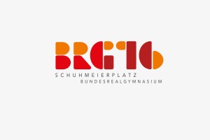 Logoentwurf für das BRG 16 in Orange- und Rottönen aus farbigen »Bausteinen« mit abgerundeten Ecken aufgebaut, die zusammengesetzt den Schriftzug ergeben.