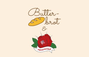 Logoentwurf für butterbrot-Bäckerei mit angeschlossener Blumenhandlung rosenrot – butterbrot-schriftzug mit liniengrafik in form eines brotlaibes, darunter logo rosenrot im stil eines tatoos