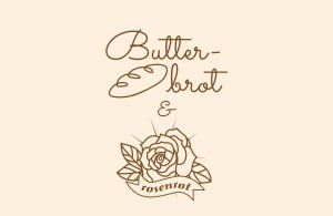 Logoentwurf für butterbrot-Bäckerei mit angeschlossener Blumenhandlung rosenrot – butterbrot-schriftzug mit liniengrafik in form eines brotlaibes, darunter logo rosenrot im stil eines tatoos